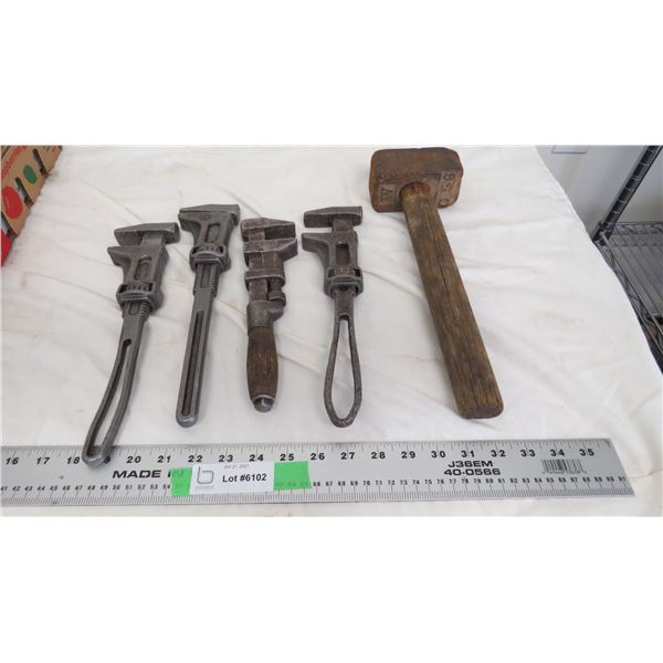 4 pipe wrenches (3 stamped IH), hammmer stamped