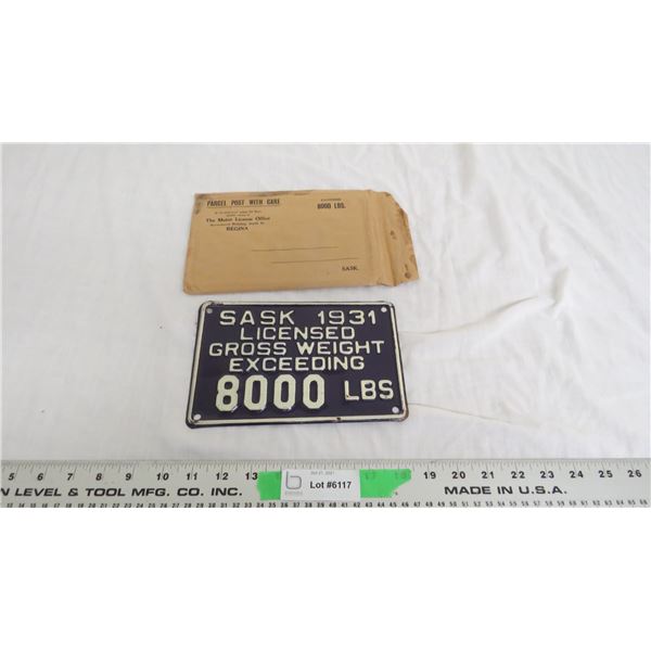 Sask 1931 - 8000LB Gross Weight Plate