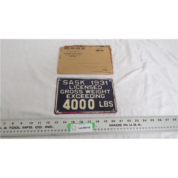 Sask 1931 - 4000LB Gross Weight Plate