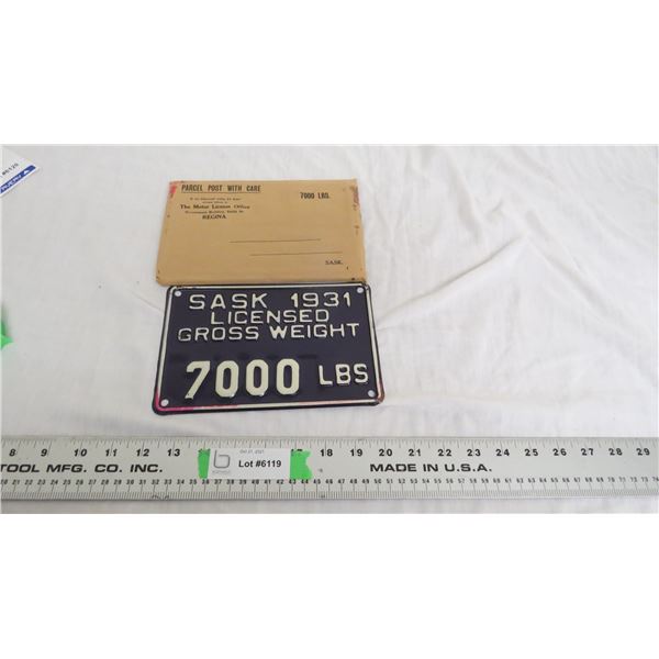 Sask 1931 - 7000LB Gross Weight Plate