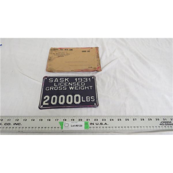 Sask 1931 - 20000LB Gross Weight Plate
