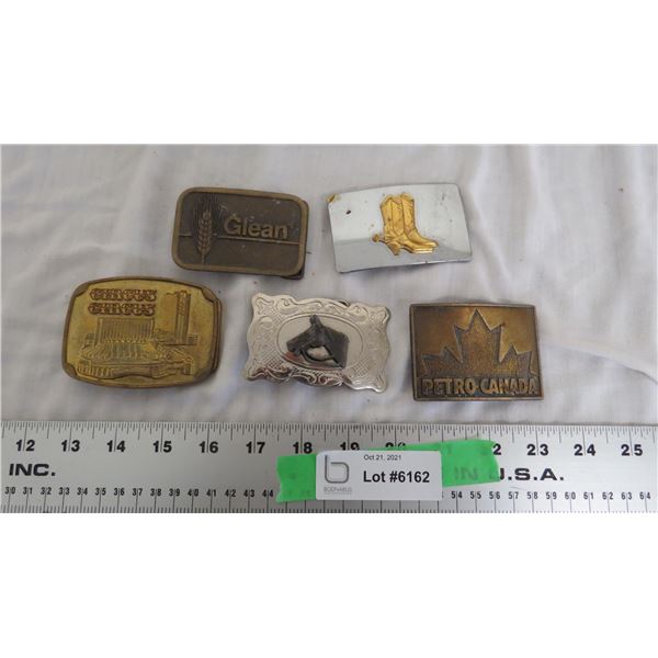 (5) belt buckles - petro canada, circus circus + others