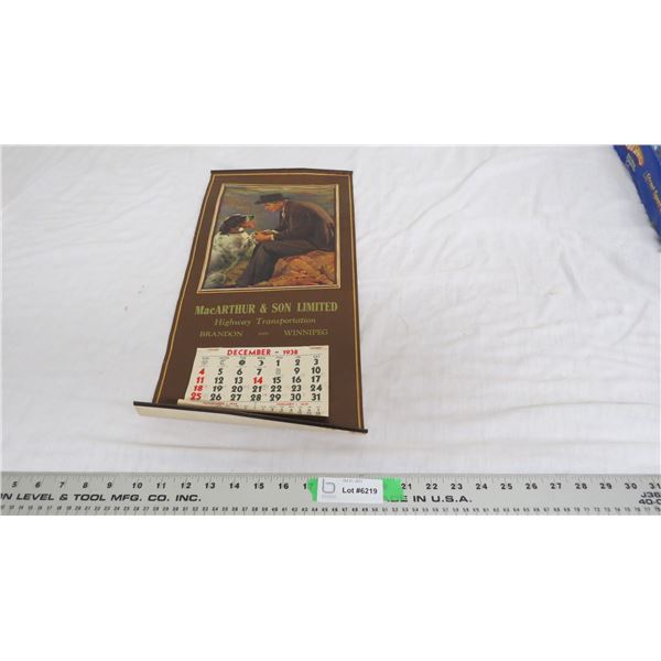 1938 Brandon Winnipeg Calendar (has only one page)