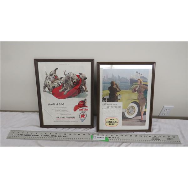 vintage texaco + General tire ads in frame 11.75x14.75 ( 1 glass in cracked)