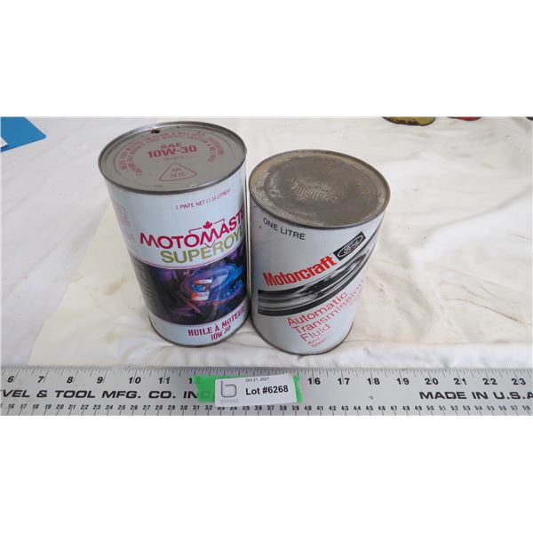 2 motomaster cans(empty), motocraft transmission fluid (full) one litre cardboard can