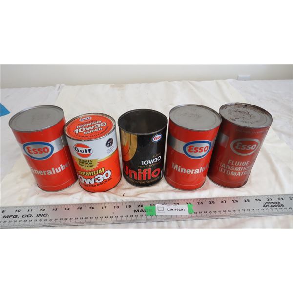 gulf 10w30 cardboard can (full) plus (4) empty esso oil cans - 1 litre