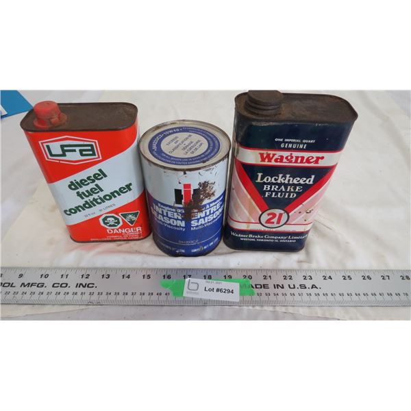 IH oil can, UFA diesel fuel conditioner, wagner brake fluid cans, 1 imp quart