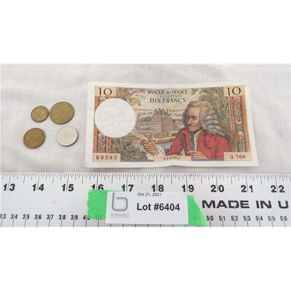 france coins + 10 francs bill
