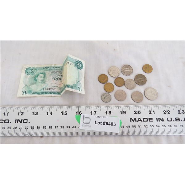 Bahama $1 bill + coins