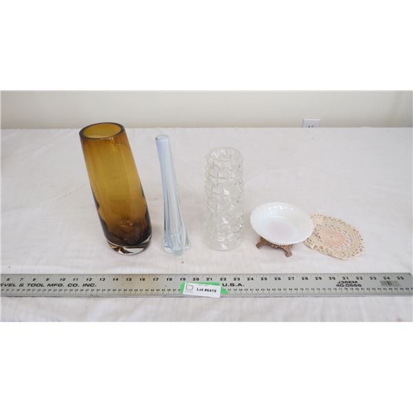 glassware base, vases + milk glass dish