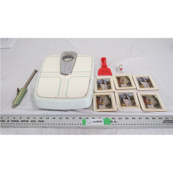 vintage bathroom scale, coghlans lighter, misc