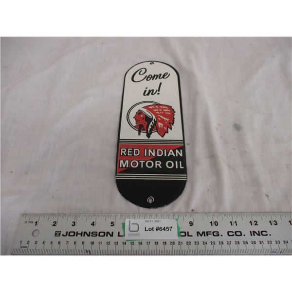 Red Indian Motor Oil Enamel sign door push 4.25x12" long
