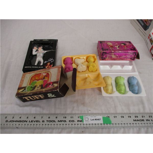 Vintage soap dog figure, charlie brown soap figure, original wackel elvis (NIB)