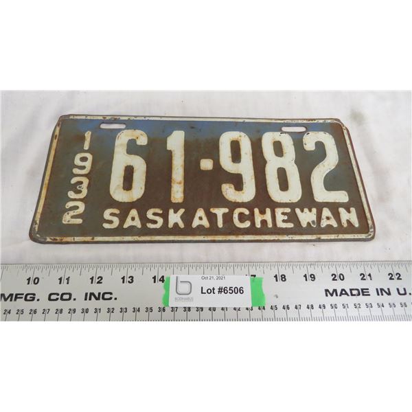 1932 Sask License Plate