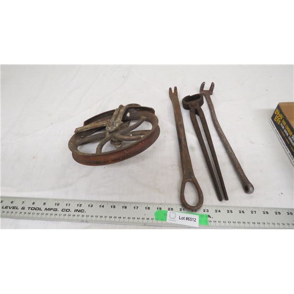 vintage well pulley + vintage tools