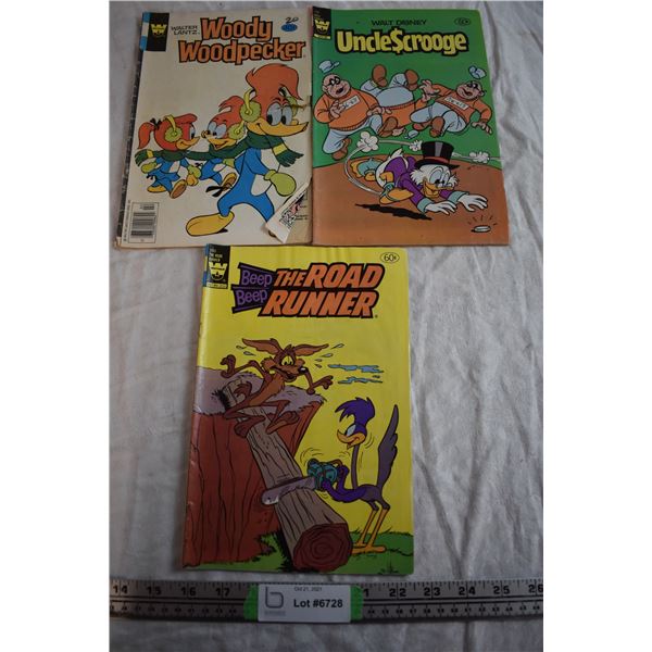 Woody Woodpecker No. 187, Road Runner No. 100, and Uncle Scrooge No. 199 Comics