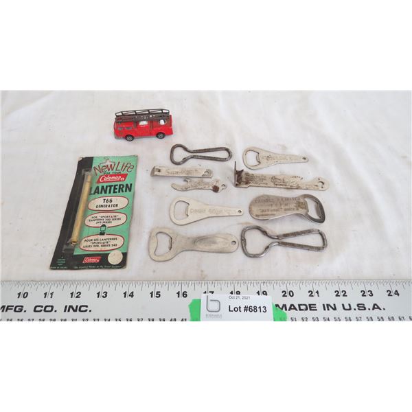 vintage advertising bottle cap openers, coleman generator, toy