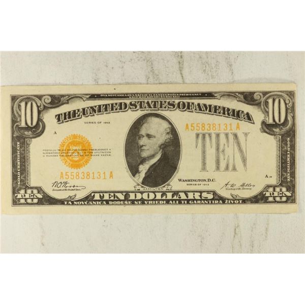LARGE SIZE 1943-$10 REPRO GOLD CERTIFICATE WITH
