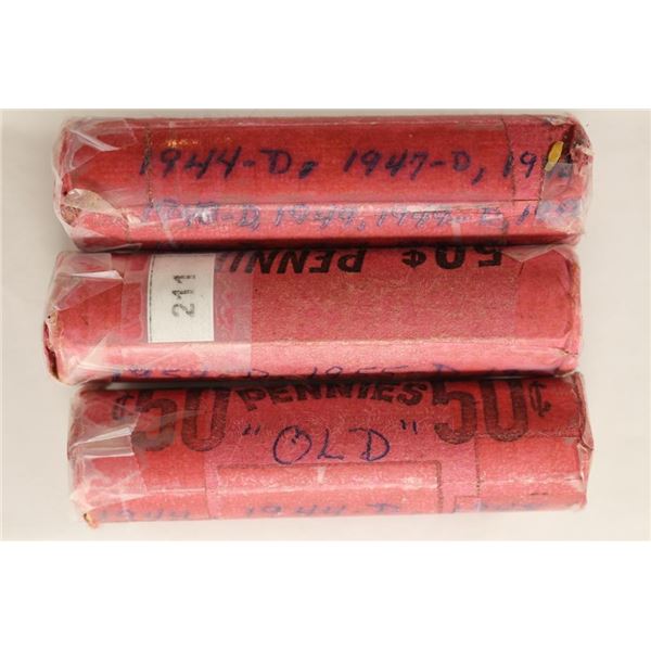 3 ROLLS (150 COINS) OF 1940'S & 50'S LINCOLN WHEAT
