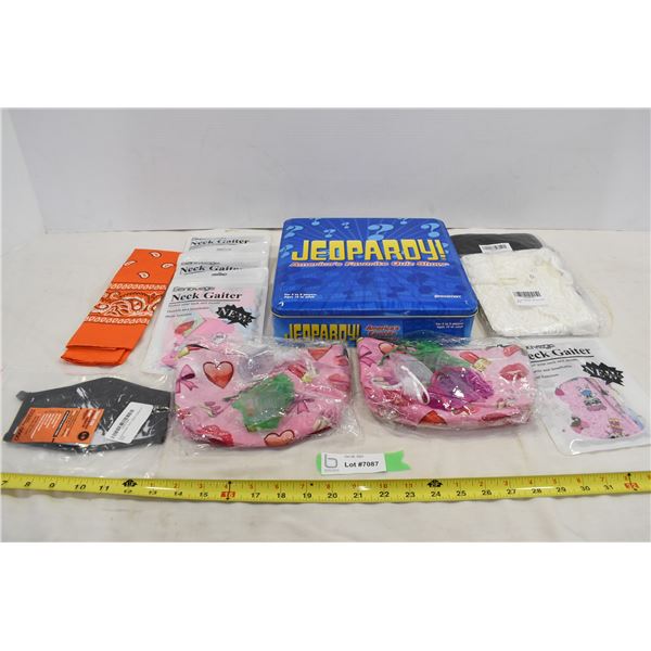 Jeopardy Board Game & Assorted Masks, Gaiters, Thigh Sleeves