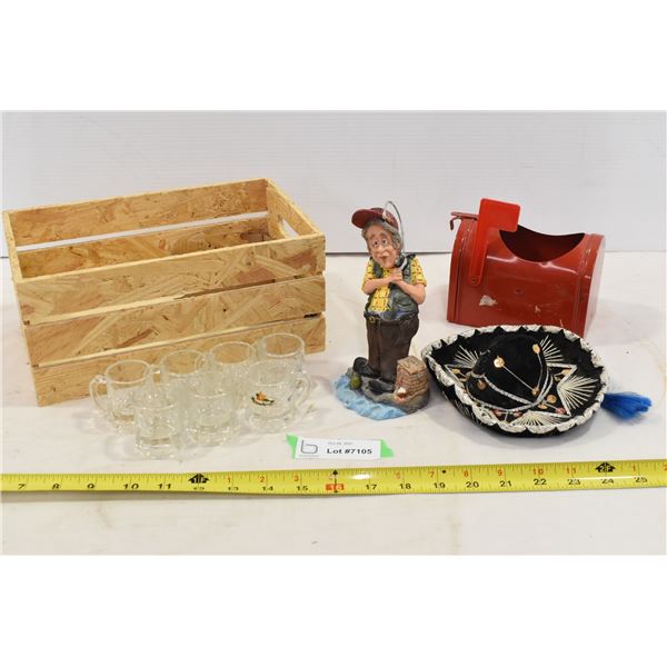 Assorted Lot w/ Small Red Mailbox, Fisherman Ornament, Mini Mugs.