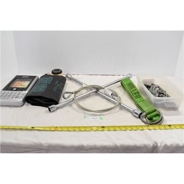 Assorted Lot w/ Tire Iron, Water Bed Heater, Tow Rope