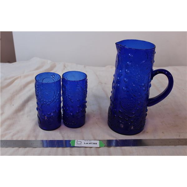 Unique Blue Glass Pitcher with 2 cups