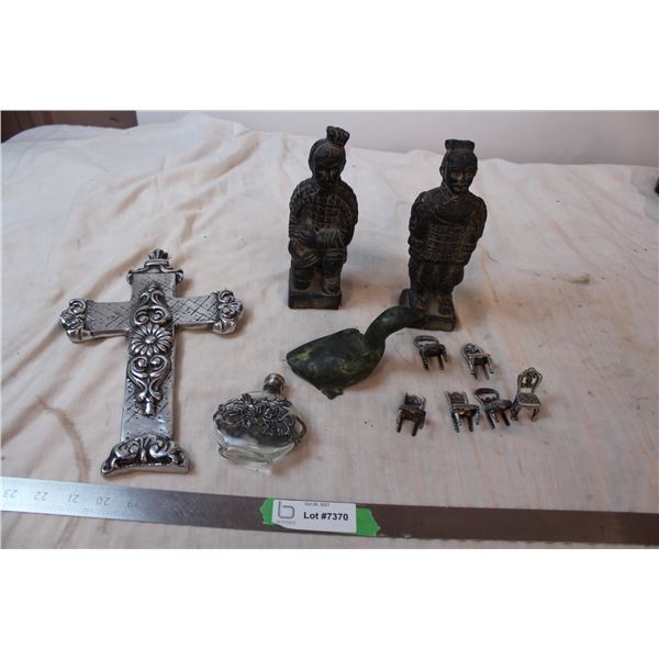Pewter ornaments, cast iron duck, metal cross, asian statues