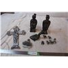 Image 1 : Pewter ornaments, cast iron duck, metal cross, asian statues