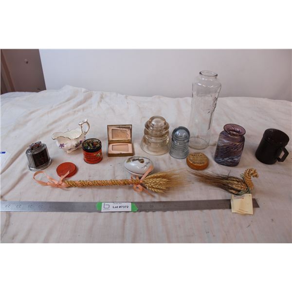insulators, tabletop lighter, creamer, misc