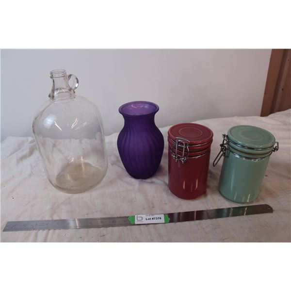 Glass Jug, vase, two storage containers