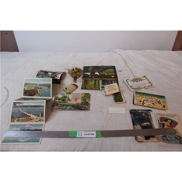 Vintage lighter, candle holder, Red rose tea cards, postcards