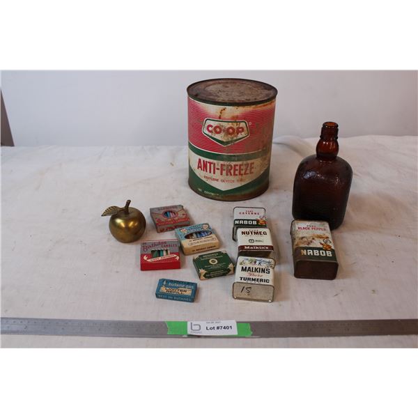 Brass apple paperweight; candles, various tins