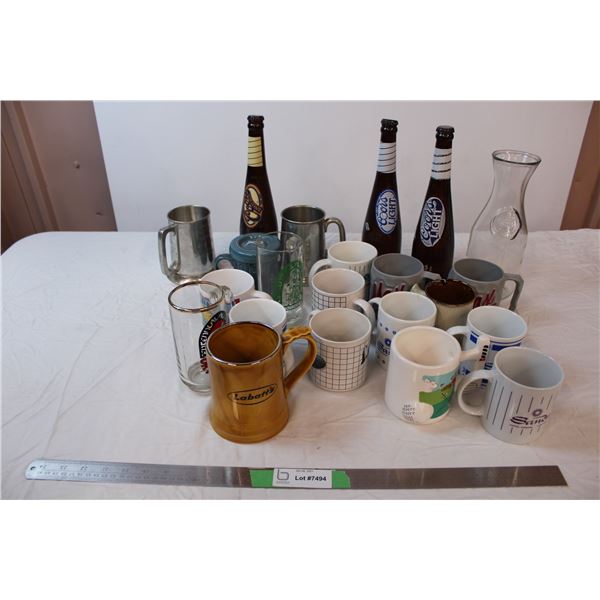 Variety of bottles, mugs, and tankards