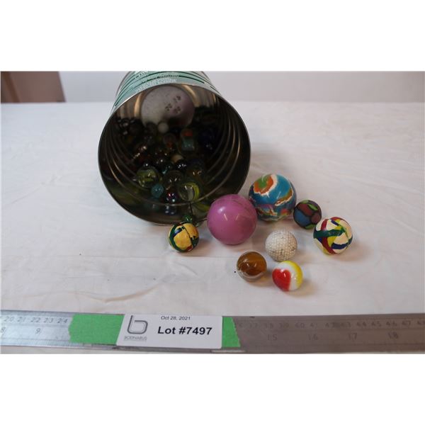 Glass marbles and rubber balls