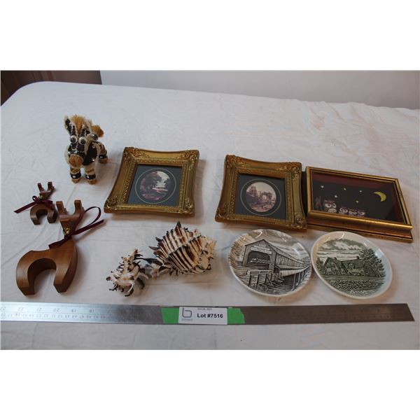 Framed art, burleigh plates, unique sea shells, misc