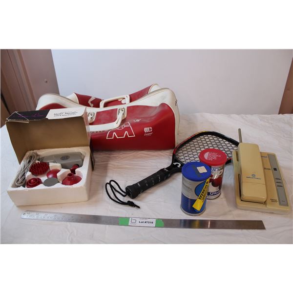 Ball duffle bag, sears firm-line master massager, Racquet + racquet balls, cordless phone