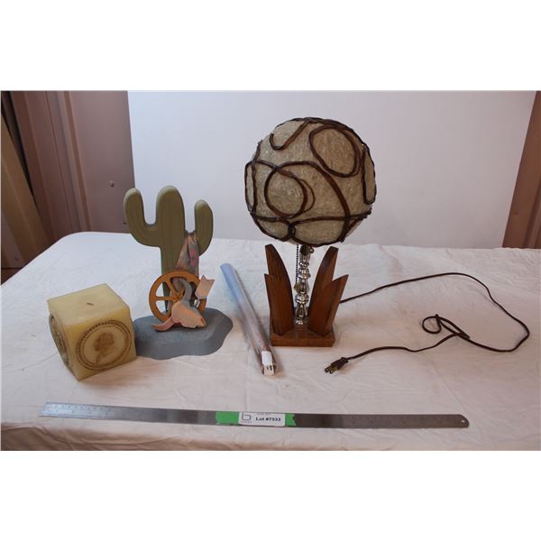 Vintage lamp (working) American cube candle, wooden cactus, unopened Lion poster
