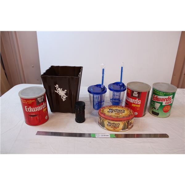 Vintage tins; coffe & candy, set of plastic tumblers, pastic vase