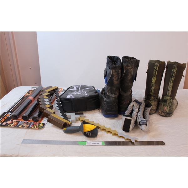 Children’s snow boots, lunch bag, minecraft bow and arrow