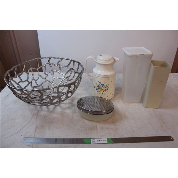 Insulated milk jug, plastic storage containers, large metal basket, cheese grater