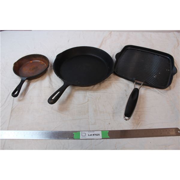 Two cast iron frying pans, and a square pan