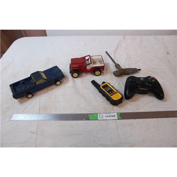Model cars, one plastic, one die cast, xbox controller, singular walkie talkie