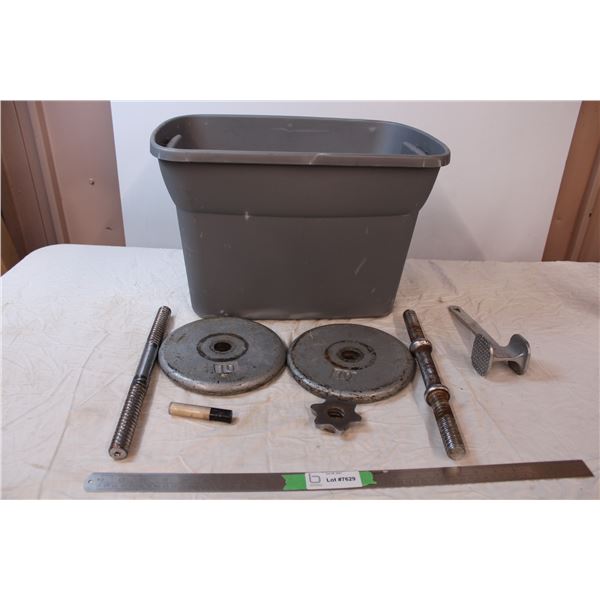 10 lb weights, meat tenderizer, misc.