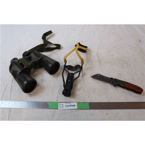 Binoculars, sling shot, Boker knife