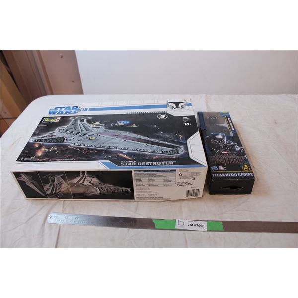 Star Ward Star Destroyer model kit and Black Panther action figure