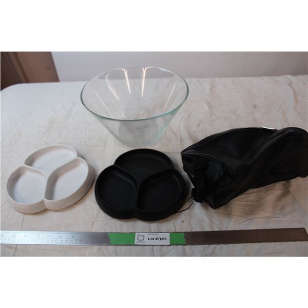 dog dishes + large glass bowl