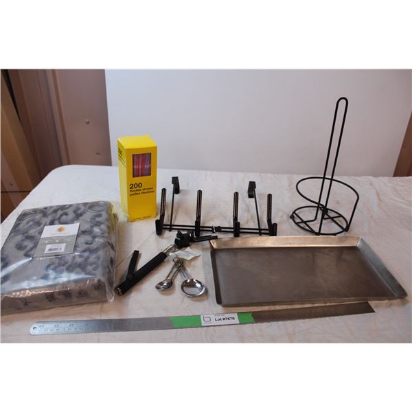 curtains, measuring spoons, paper towel holder, towel rack