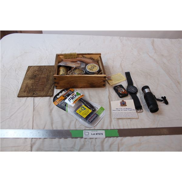 misc. Items; beard box (used), razor, pins