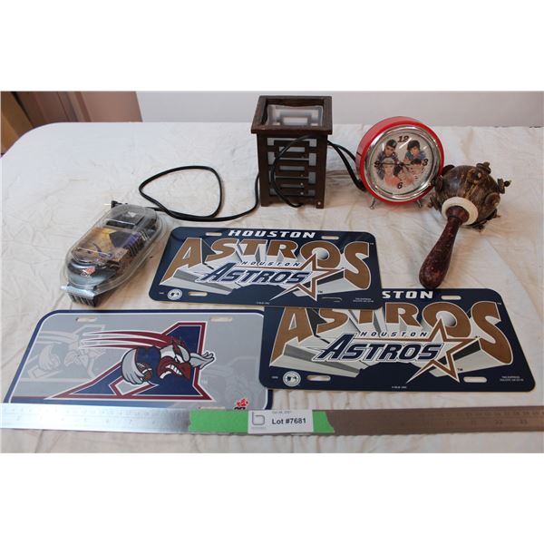 misc. Items; vanity plate, rattle, clock